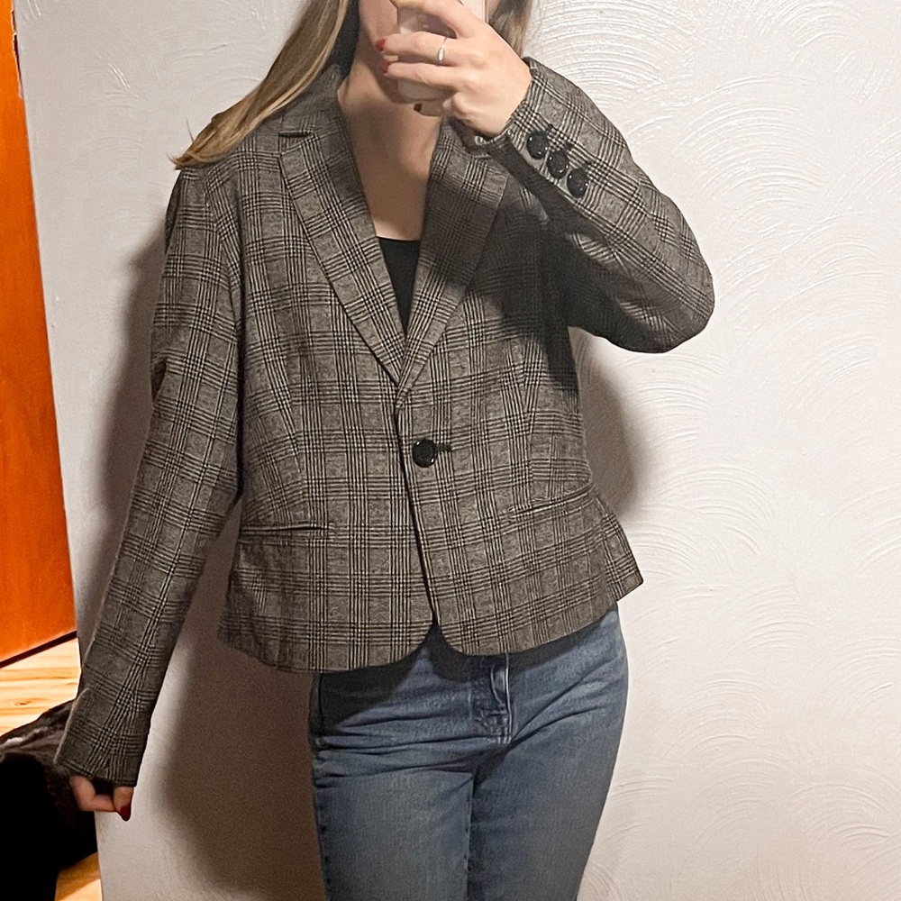 Michael Kors Glen Plaid Cropped Blazer Single Breasted Collared Black Gray 10